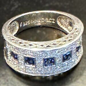 Sterling Silver Blue Topaz White Cubic Zirconia Band Ring, size 6 top 5/16" wide